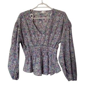 LIMELUSH Floral Blouse Size S V-neck Long Sleeve Gathered Waist, Flowy